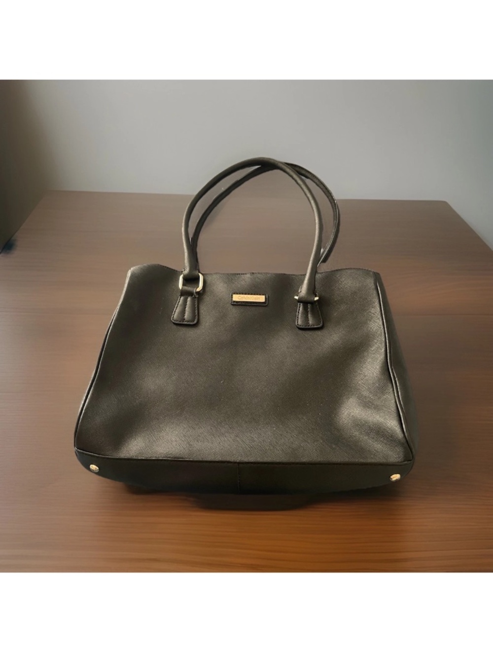 Calvin Klein Black Leather Tote Bag Medium Size Gold Hardware 3 Compartment